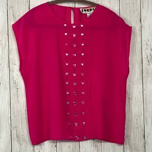 Vintage Jordan 100% Silk 90s Hot Pink Short Sleeve Embellished Blouse Shirt 9/10